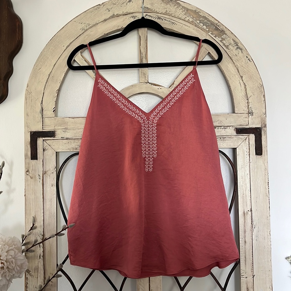 Express Coral Red Embroidered V-Neck Tank Top